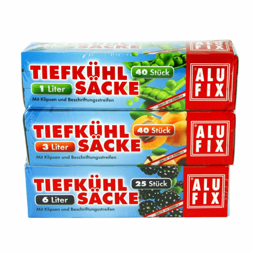 ALUFIX Tiefkühlsäcke Gefrierbeutel Mix mit Verschlussclips 1 L 3 L 6 L, 105 Stk.