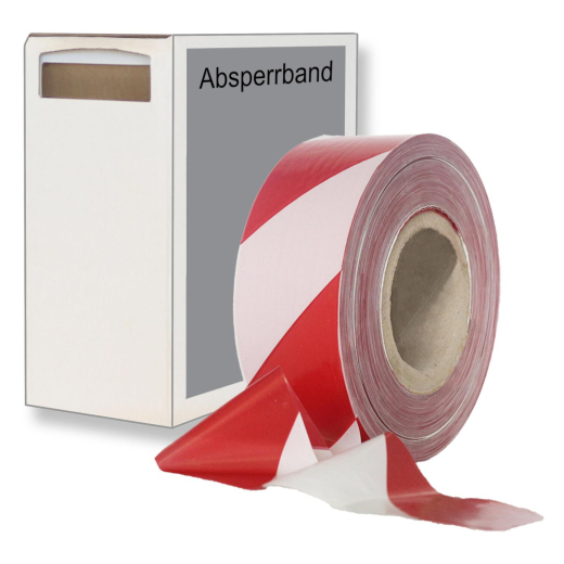 Absperrband rot-weiß gestreift 25 my 75 mm breit 500 m aus LDPE mit 100 % Rezyklat im Spenderkarton
