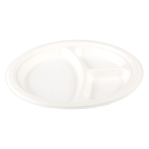 Teller 3-geteilt aus Bagasse, naturweiß, rund Ø26cm, 50Stk. 