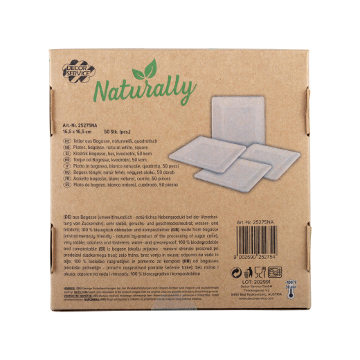 Teller aus Bagasse, naturweiß, quadratisch 16.5cm, 50Stk.