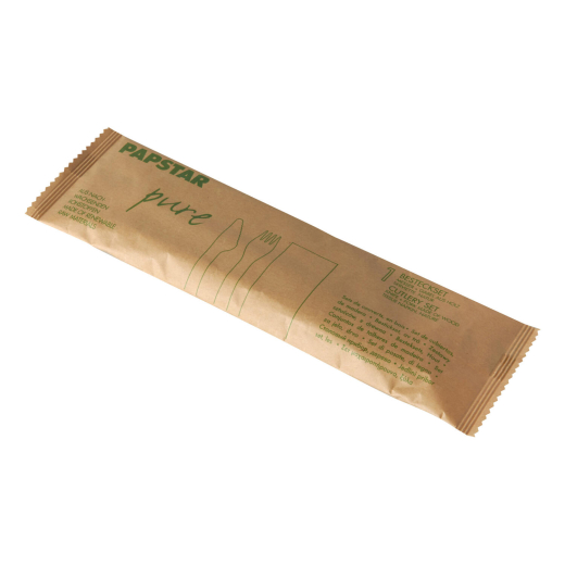 Bestecksets aus Holz Messer Gabel Serviette einzeln verpackt in Papierbeutel, 50 Sets