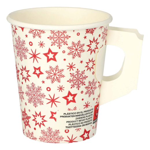 Henkelbecher Kaffeebecher Glühweinbecher weiß mit roten Schneeflocken 200ml, 50 Stk.