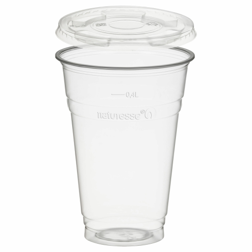 Trinkbecher 400ml + Deckel flach ohne Loch aus PLA, 50 Stk.