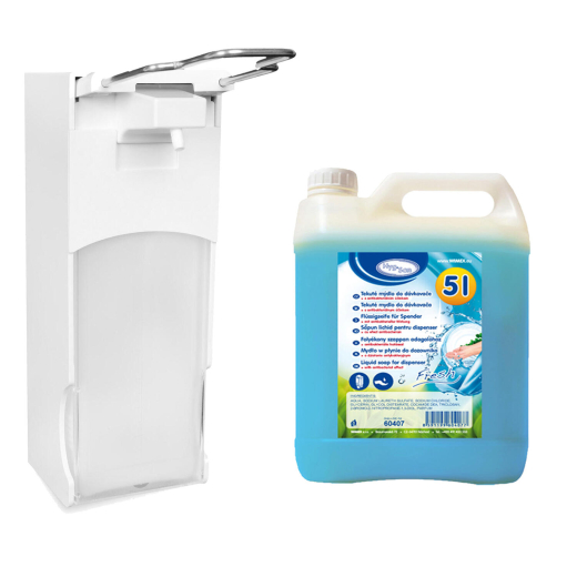 Dosierspender mit Langarmhebel 1000ml + 5 Liter Flüssigseife mit antibakterieller Wirkung