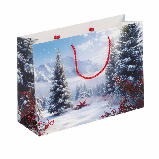 Luxus Papiertragetaschen 360+120x260mm Motiv Winterlandschaft in weiß EAN-Code 190 g/m²