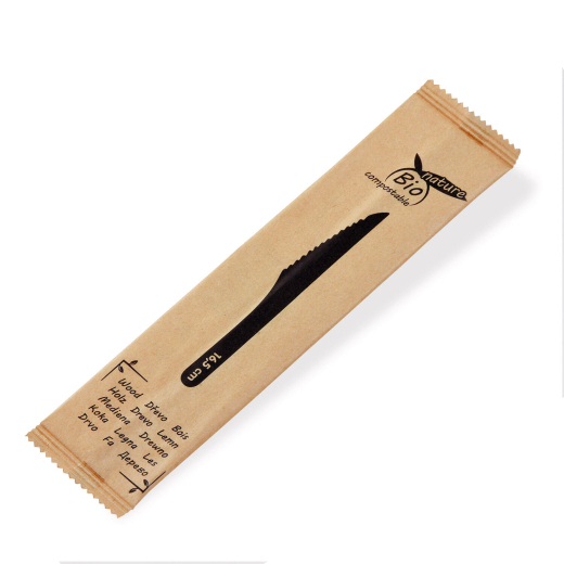 Einweg-Messer aus Holz, lebensmittelecht, splitterfrei, einzeln verpackt, 16,5 cm, 100 Stk.