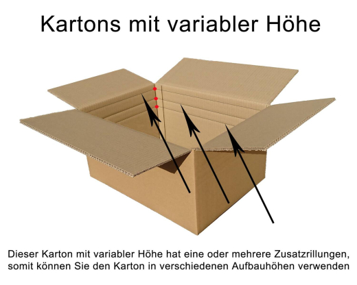 Faltkarton 500x300x(100)-300mm mit variabler Höhe 1-wellig Dickwelle braun