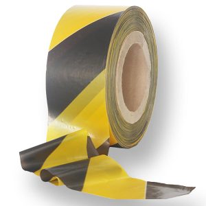 Absperrband gelb schwarz gestreift 25 my 75 mm breit 500 m 100 % Rezyklat