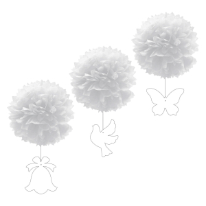 Pompons mit Figuren aus Papier schwer entflammbar weiß Ø30cm, 3 Stk.