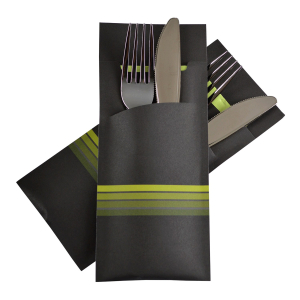 Pochetto Bestecktaschen 200x85mm schwarz limette Streifen Serviette, 50 Stk.