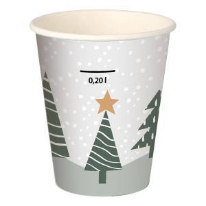 Heißgetränkebecher Pappbecher 'Tannenwald & Weihnachtsstern' 200ml mit Eichstrich , 50 Stk.