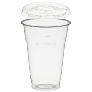 Trinkbecher 400ml + Deckel mit Halmstanzung aus PLA 50 Stk.