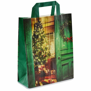 Papiertragetaschen aus Kraftpapier 220+100x280mm Motiv Weihnachtsstube grün 70 gr.