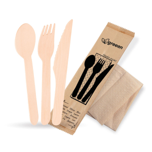 Bestecksets aus Holz, 4-teilig mit Gabel, Messer, Löffel und Serviette, hygienisch verpackt, 50 Sets